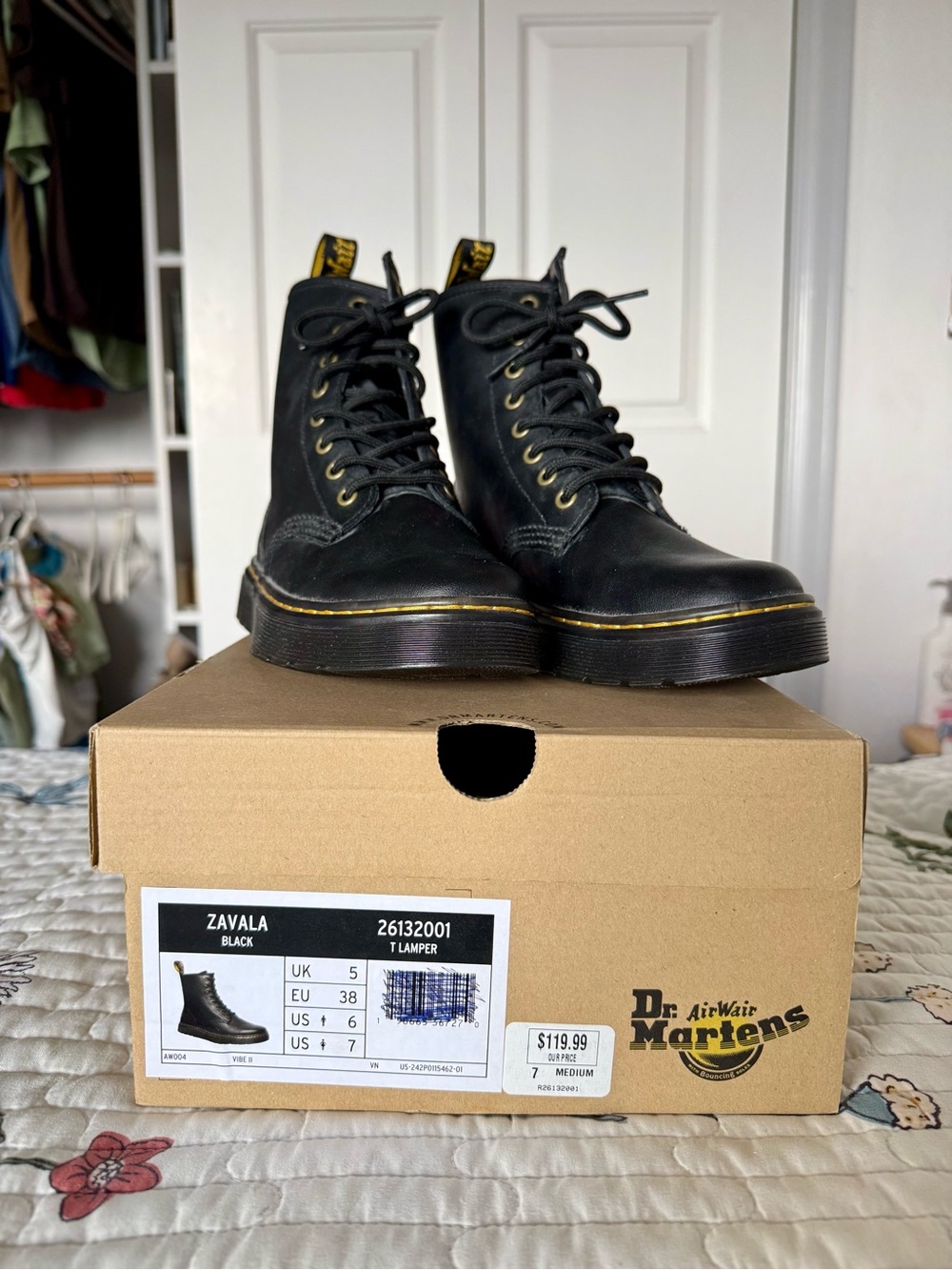 Dr. Martens Black Leather Lace-Up Boots with Yellow Stitching